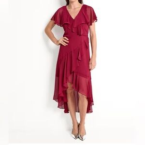 DKNY V-Neck Ruffled High-Low Hem burgundy dress size:6